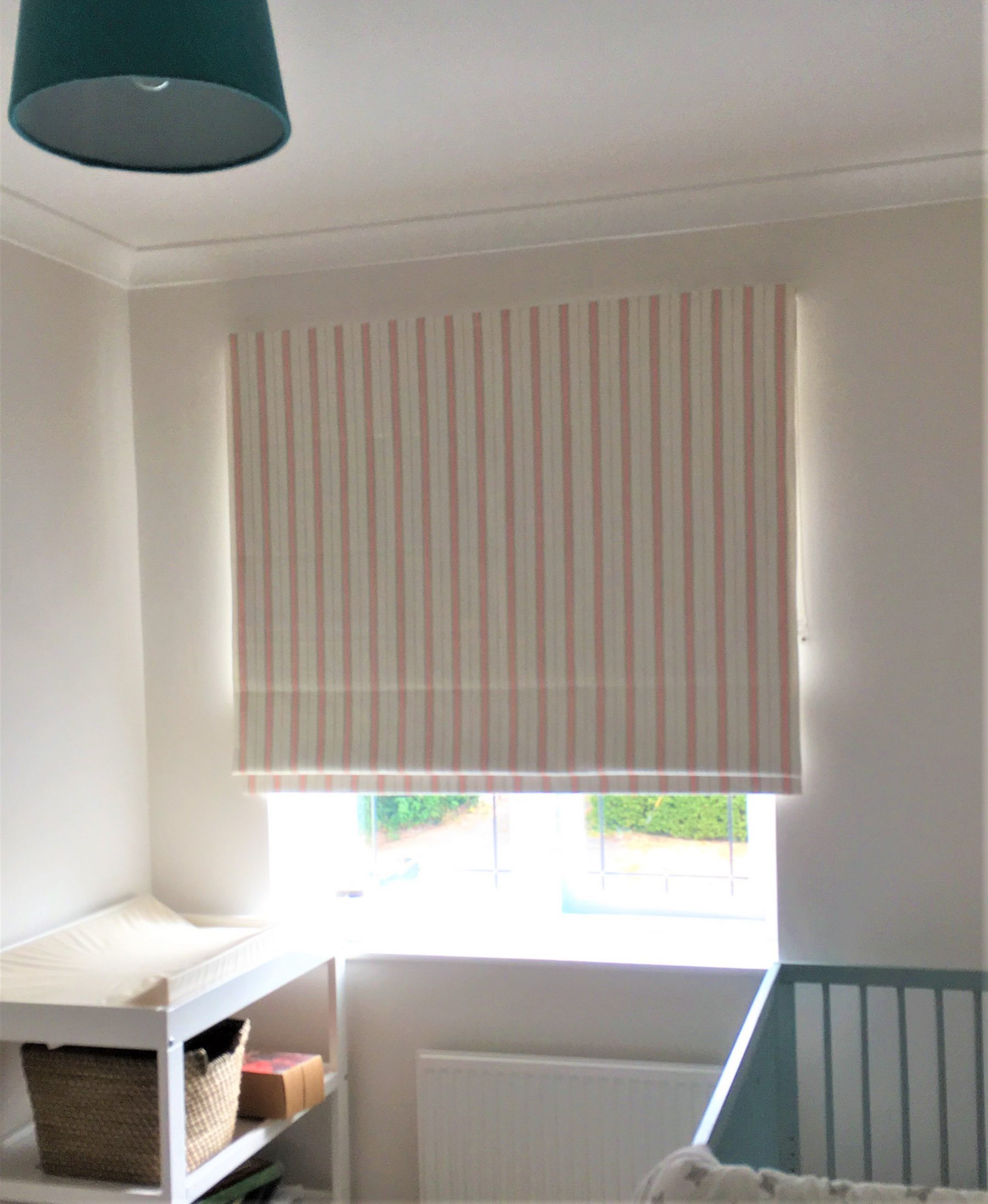 Grey White and Pink Pinstipe Roman Blind