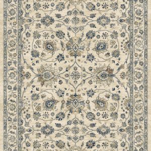 Traditional patterned rug cream background with blues, greys and browns