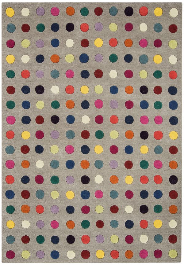 Multi coloured spots on a grey/taupe background rug