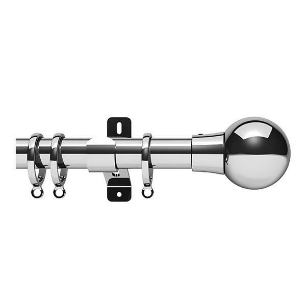 Chrome Metal Curtain Pole with Chrome Ball Finial, Metal Rings and Brackets