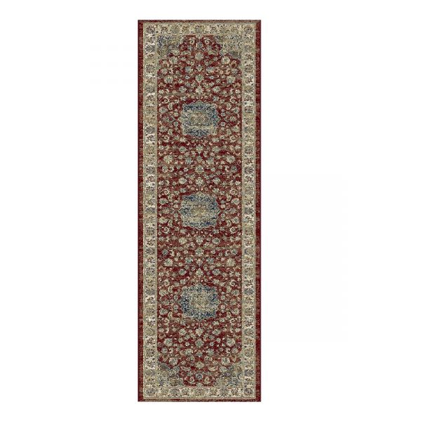 Tradional Patterned Red, Blue & Grey Rug Runner