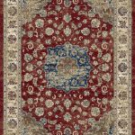 Traditional patterned rug with a border. Blues, creams rusts on a red background