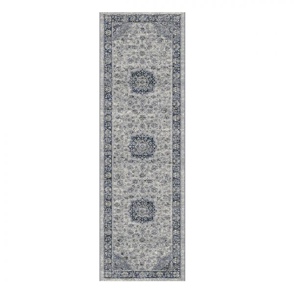 Tradional Patterned Blue & Grey Rug Runner