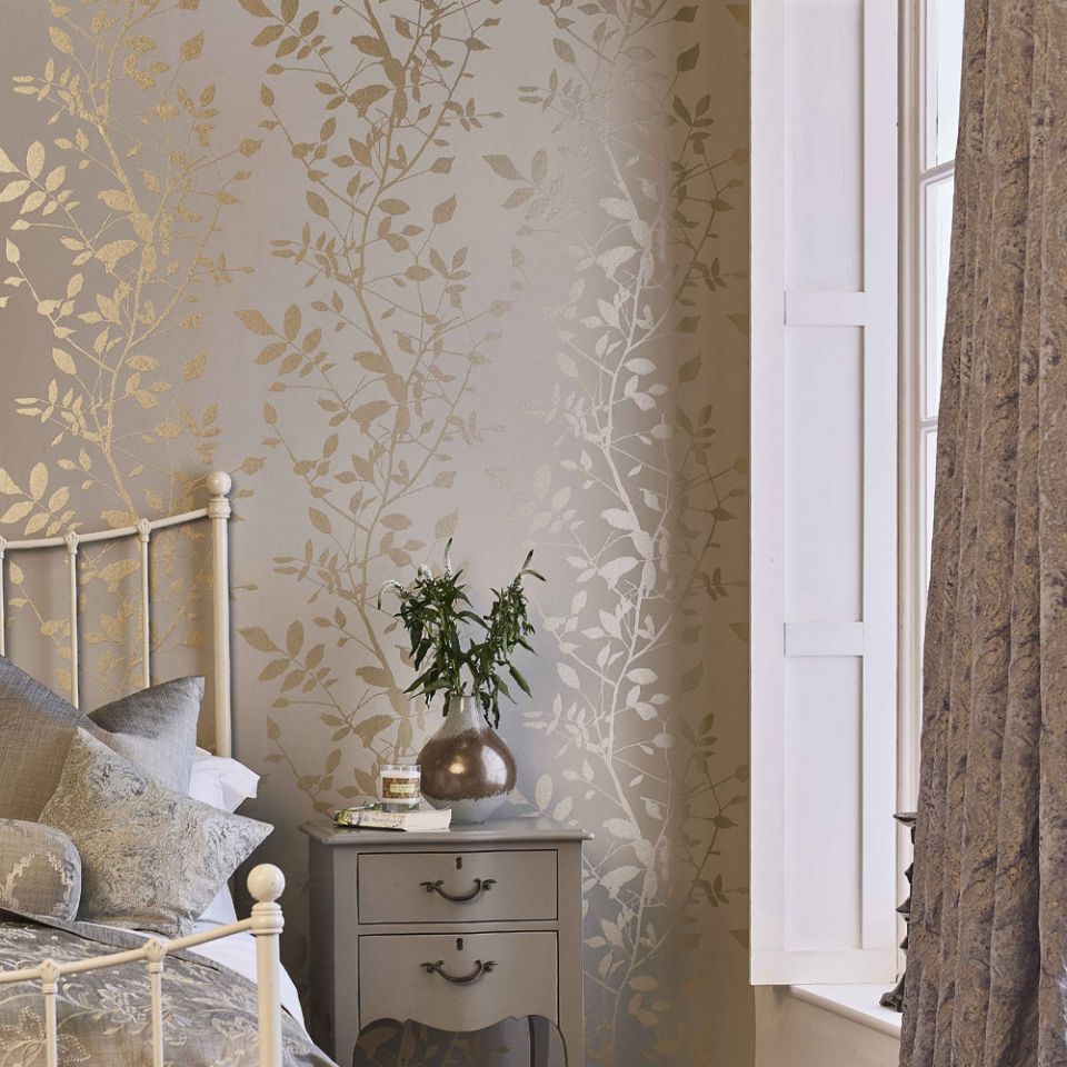 Prestigious Textiles Wallpaper Gold Trailing Leaf on Beige Background