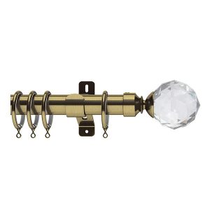 Brass Metal Curtain Pole with Crystal Ball Finial, Metal Rings and Brackets