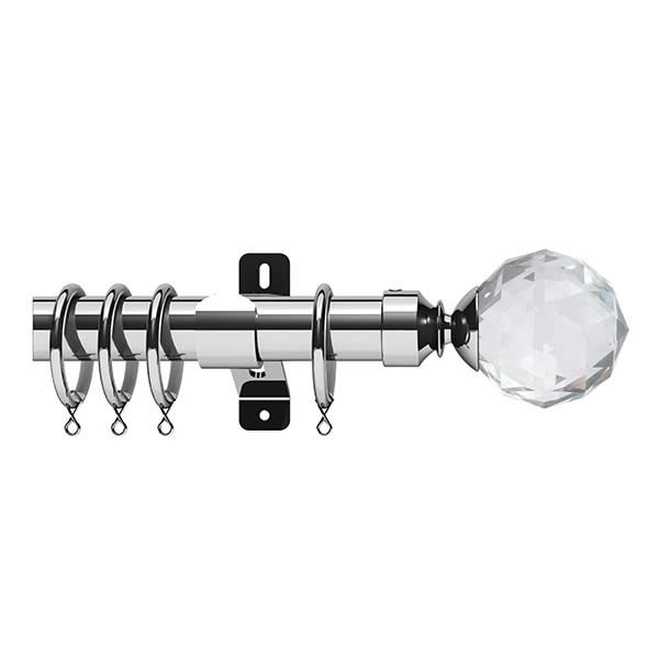 Chrome Metal Curtain Pole with Crystal Ball Finial, Metal Rings and Brackets