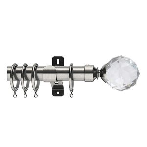 Silver Metal Curtain Pole with Crystal Ball Finial, Metal Rings and Brackets