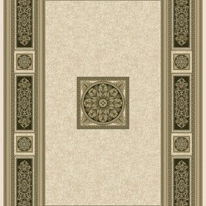 : Classic Georgian style rug ivory background with a distinctive black and gold centre panel surrounded by a border