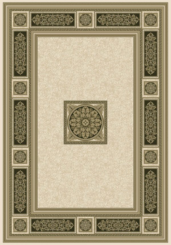 : Classic Georgian style rug ivory background with a distinctive black and gold centre panel surrounded by a border