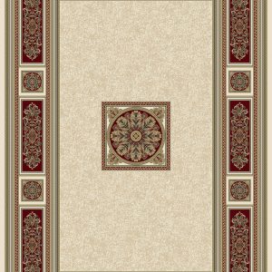 : Classic Georgian style rug ivory background with a distinctive gold/red/ivory centre panel surrounded by a border