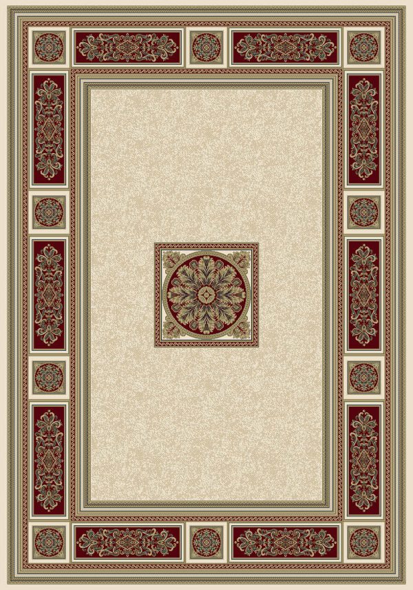 : Classic Georgian style rug ivory background with a distinctive gold/red/ivory centre panel surrounded by a border