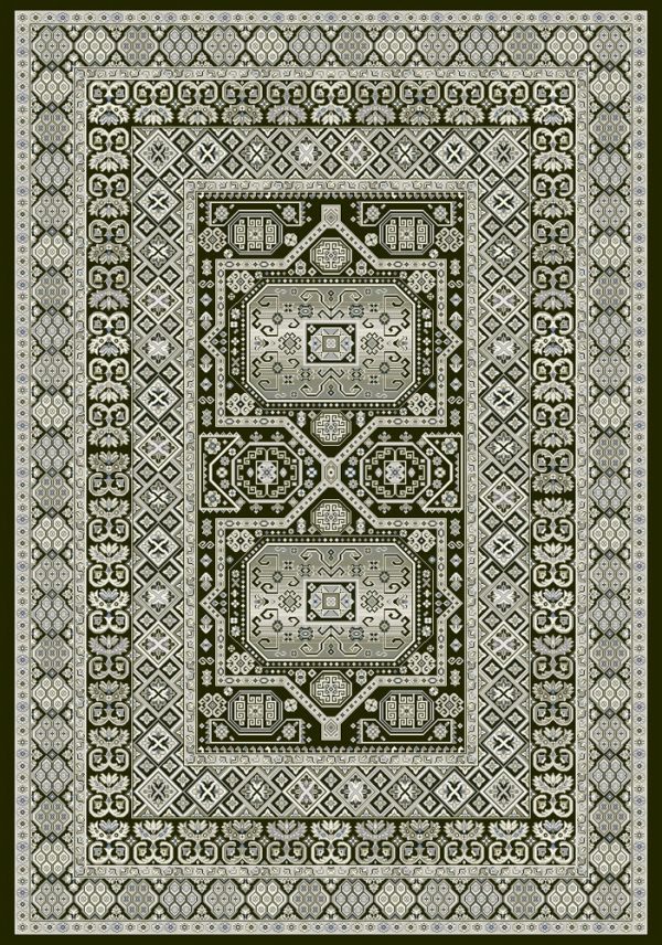 Heavily patterned traditional rug greys and silver on a black background