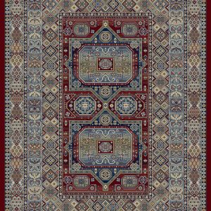 Heavily patterned traditional rug with blues creams and golds on a red background