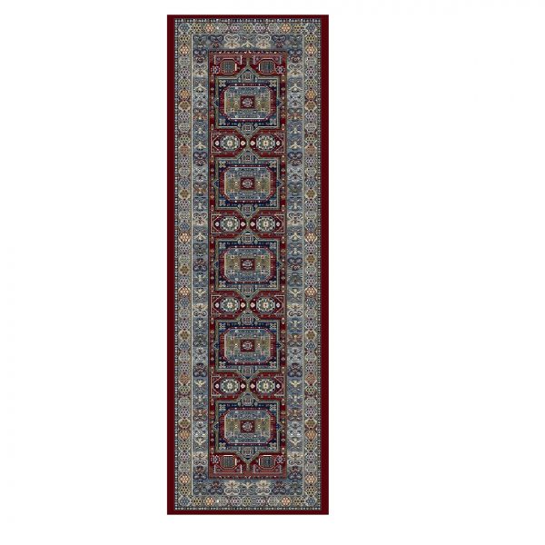 Tradional Patterned Burgundy, Blue & Grey Rug Runner