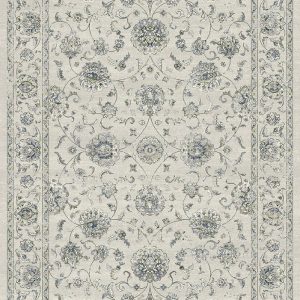 Traditional design rug dark greys, cream and blue medallions with a border on a light grey background