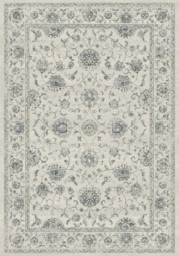 Traditional design rug dark greys, cream and blue medallions with a border on a light grey background