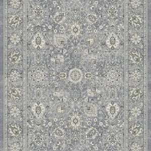 Traditional design rug dark greys/silvers, cream and blue medallions with a border on a steel blue background