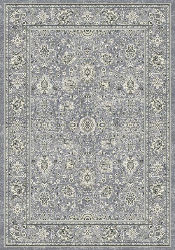 Traditional design rug dark greys/silvers, cream and blue medallions with a border on a steel blue background
