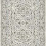 Traditional design rug dark greys, cream and blue medallions with a border on a light grey background