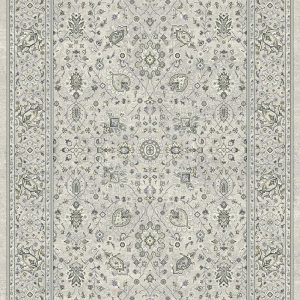 Traditional design rug dark greys, cream and blue medallions with a border on a light grey background