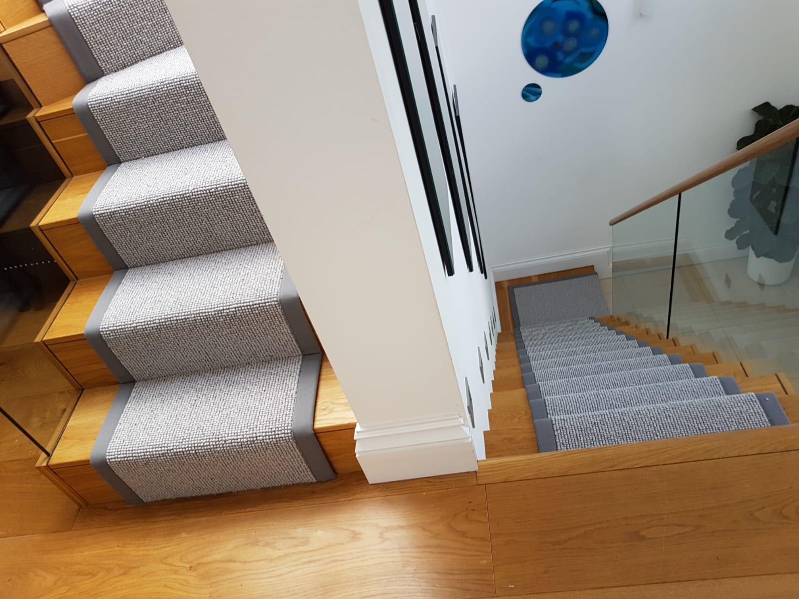 Grey Carpet Runner with Border on Oak Staircase