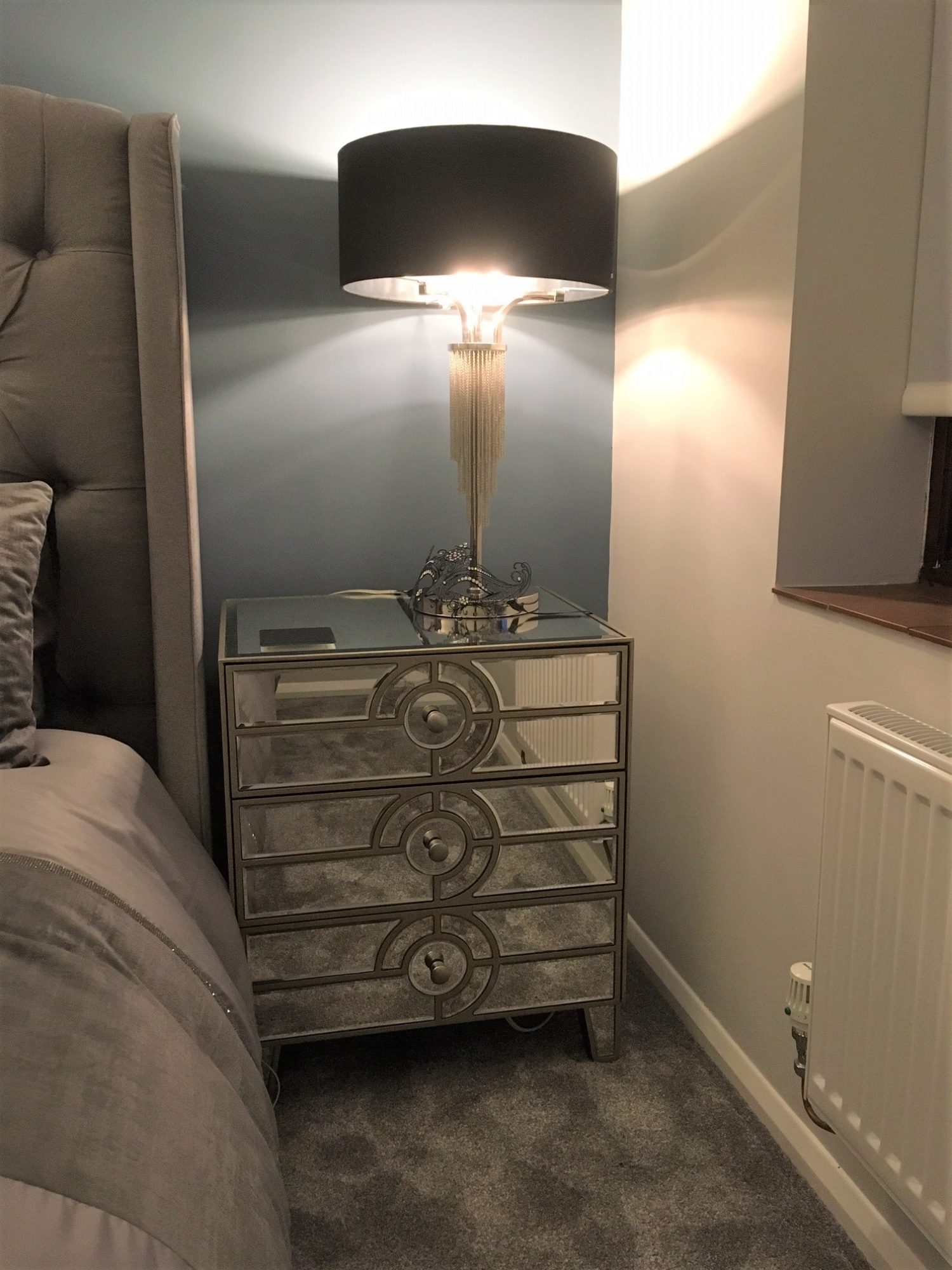 Mirrored Bedside Cabinet with Black and Chrome Lamp