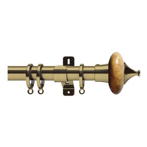 Brass Metal Curtain Pole with Tan Marble Finial, Metal Rings and Brackets