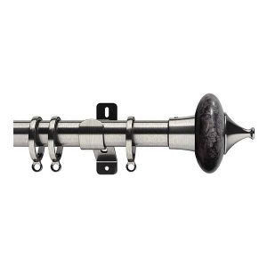 Silver Metal Curtain Pole with Black Marble Finial, Metal Rings and Brackets