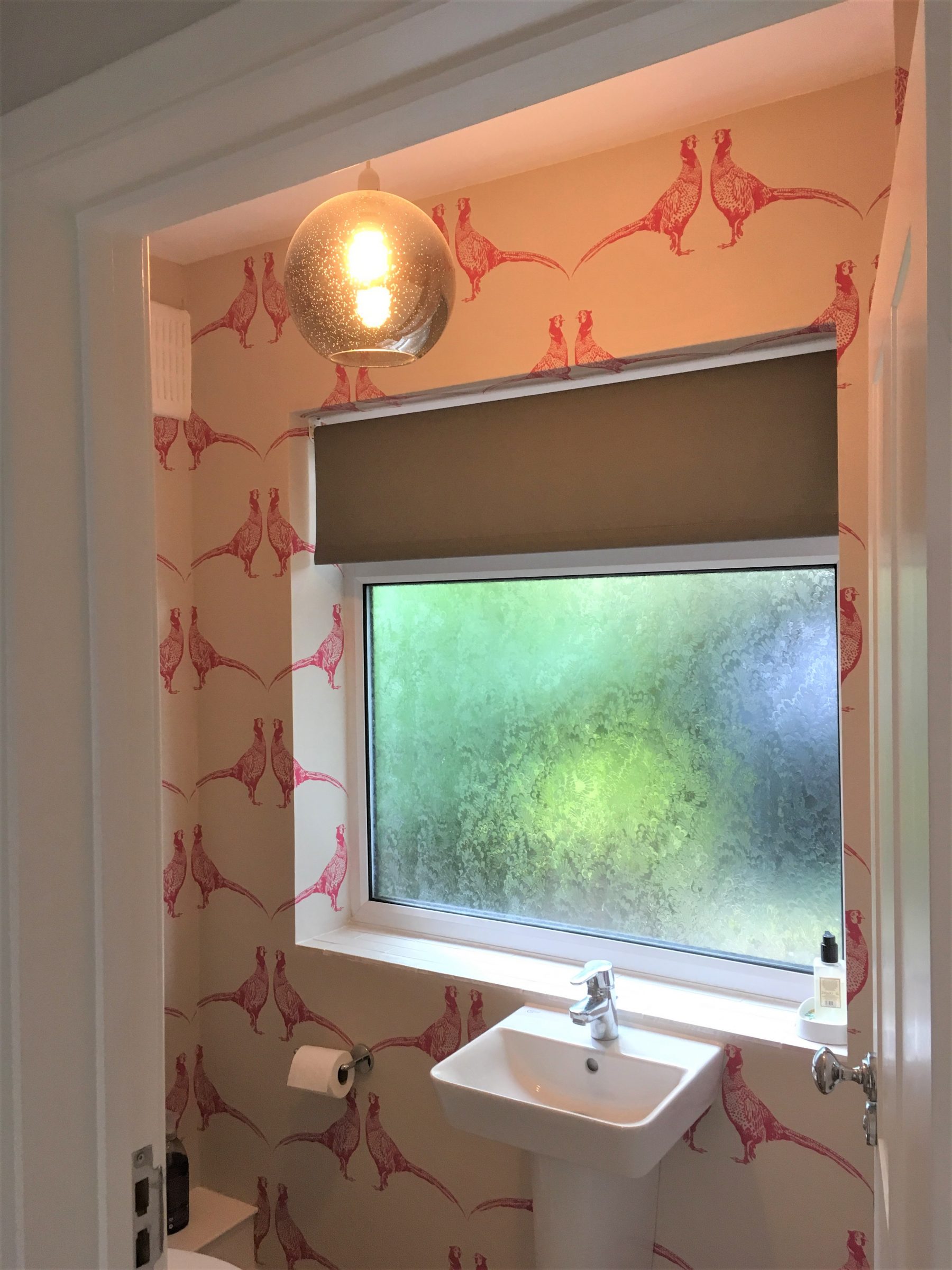 Barnaby Gates Pink Pheasant Wallpaper and Grey Roller Blind