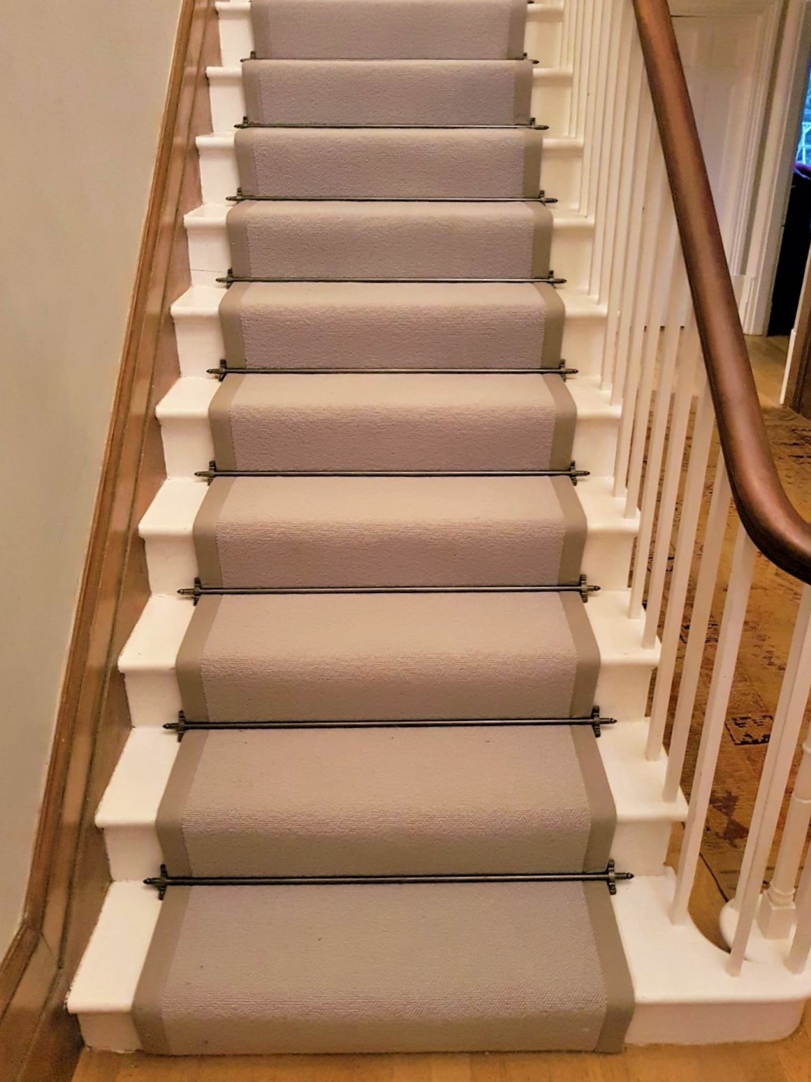 Beige Stair Runner with Contrast Binding and Stairrods