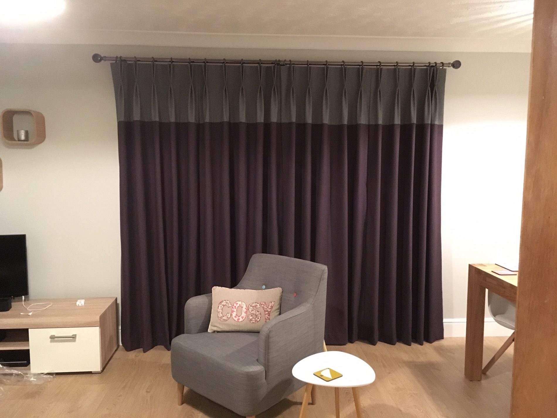 Purple Double Pinch Curtains with Grey Top Border