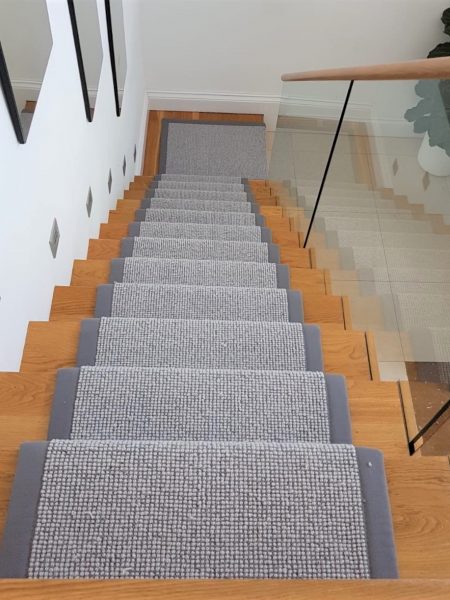 Grey Carpet Runner with Border on Oak Staircase