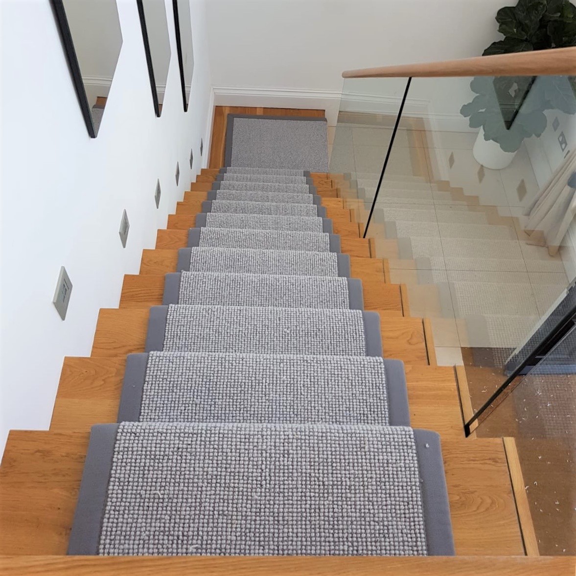 Grey Carpet Runner with Border on Oak Staircase