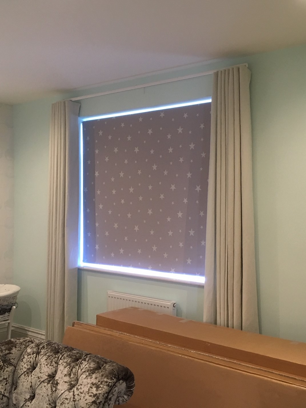 Roller Blind with Glow in the Dar Stars and Cream Wave Curtains