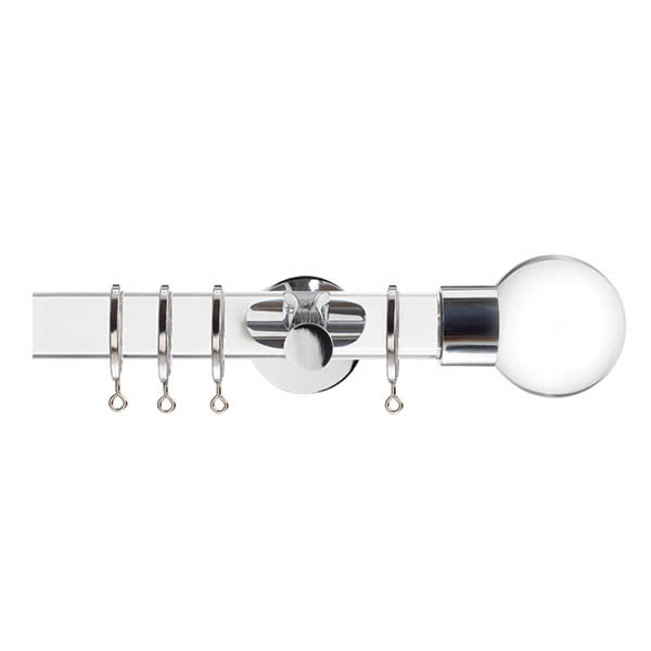 Clear Curtain Pole with Clear Ball Finial, Metal Rings and Brackets