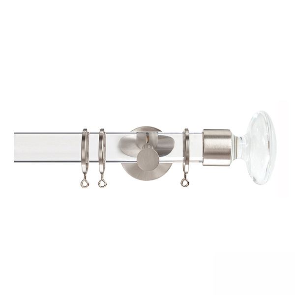 Clear Curtain Pole with Clear Disc Finial, Metal Rings and Brackets